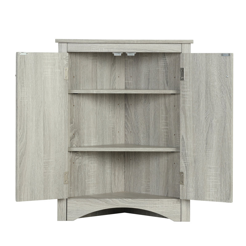 Oak Triangle Corner Storage Cabinet, Adjustable Shelves, High - Quality , Brushed Nickle, Light Gray