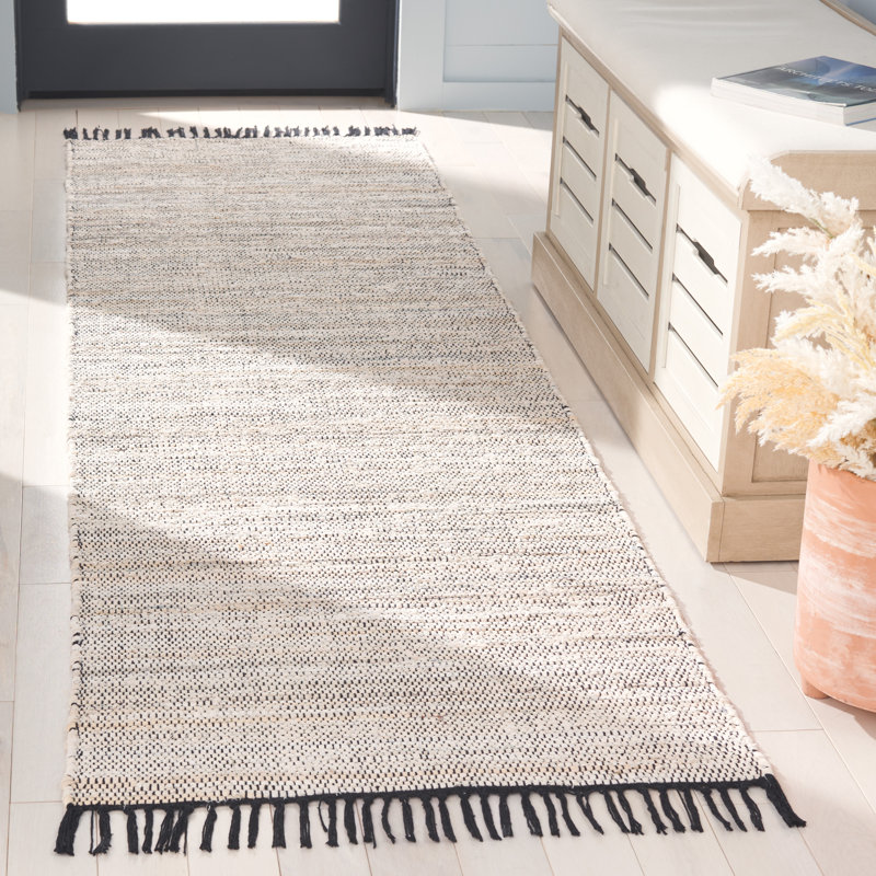 Abir Hand Woven Denim/Cotton Rug in Ivory/Black, Runner 2'3" x 8'