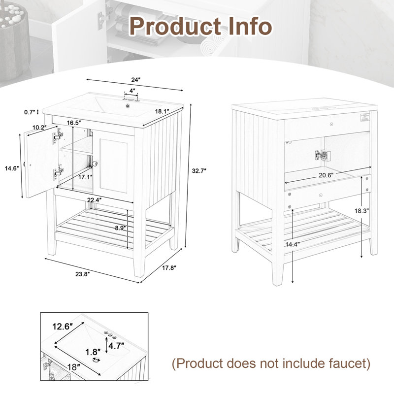 Meuble-lavabo simple 24 po avec comptoir en céramique 24 po, Blanc / noir