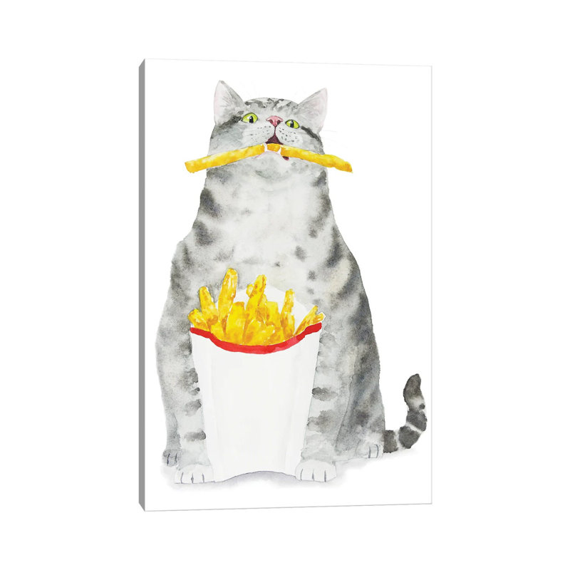 Tabby Cat And French Fries by Alexey Dmitrievich Shmyrov - Wrapped Canvas Print, 20.32 cm H x 30.48 cm W