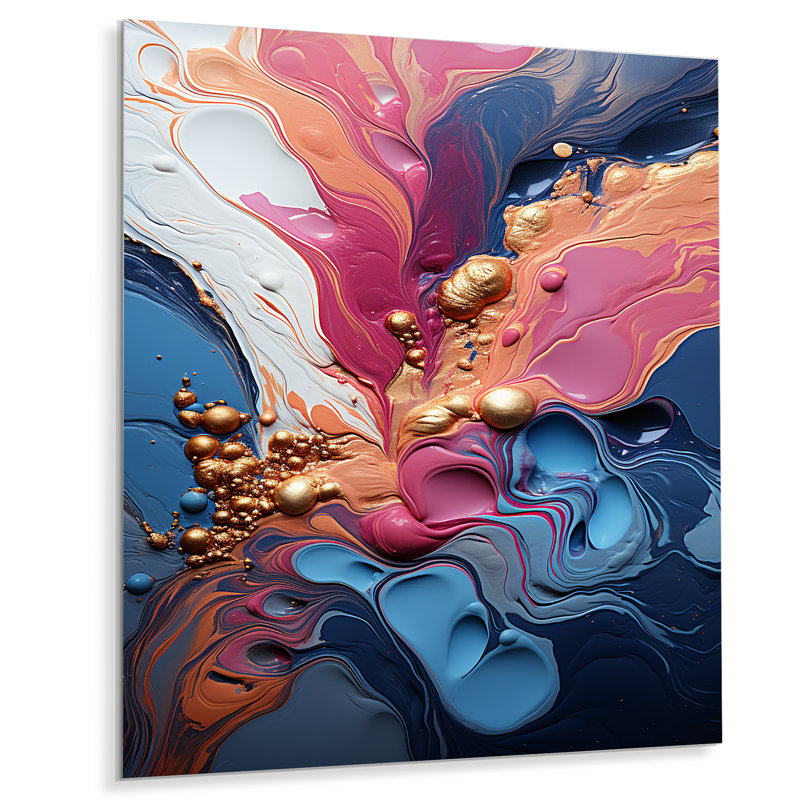 Trippy rose bleu abstrait liquide encre II - encre liquide abstrait, art mural en métal, H 32 po x l 24 po x P 1 po