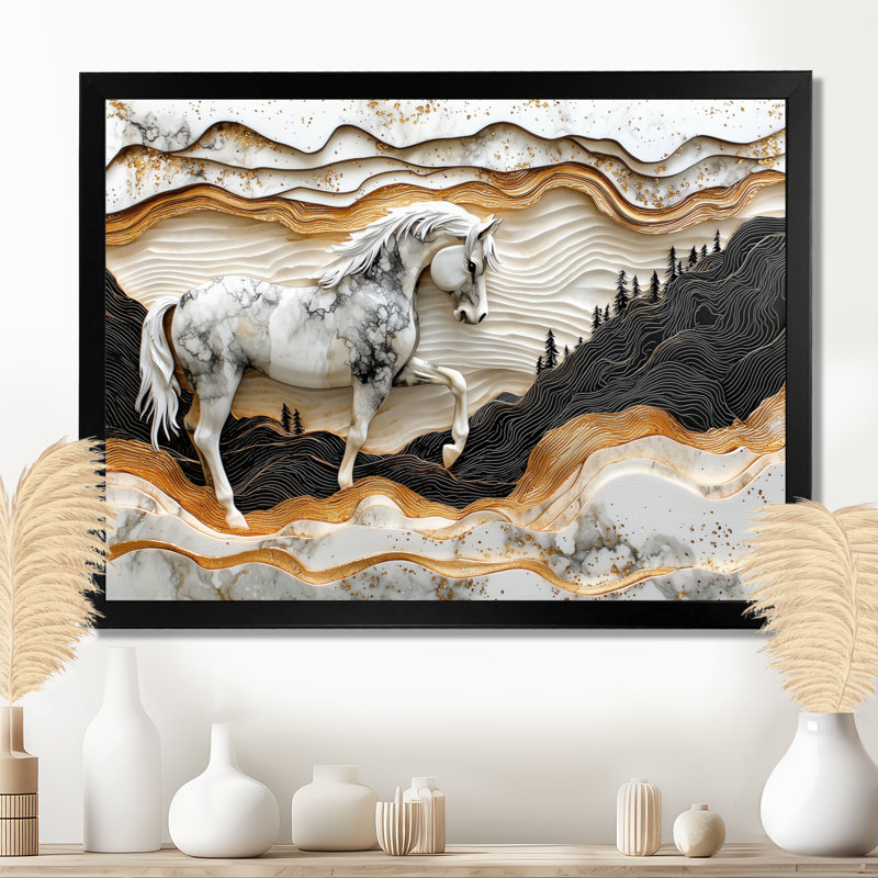 Marjanas Abstract Gallop Horse Into The Forest - Horse Wall Art, Single Picture Frame Print, 30" H x 40" W, Black
