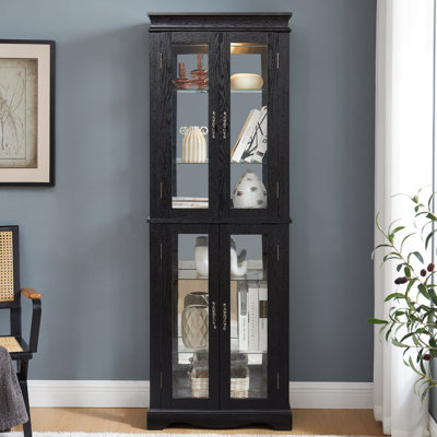 Vitrine en verre éclairée avec cadre en bois et tablettes ajustables