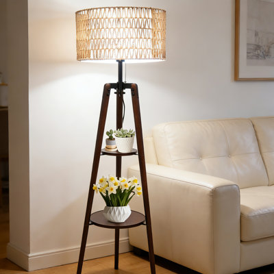Lampe trépied en bois avec abat-jour rotin tissé à la main et télécommande pour salon