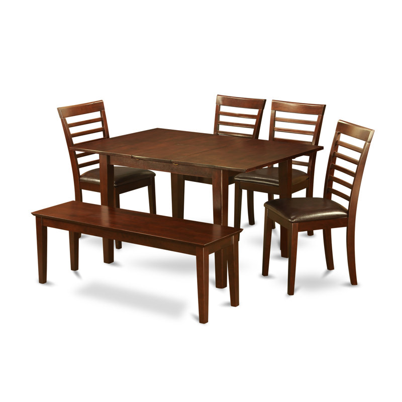 6 Piece Dining Table Set Contains a Rectangle Dining Room Table with Butterfly Leaf and 4 Faux Leather Chairs with a Bench, Mahogany