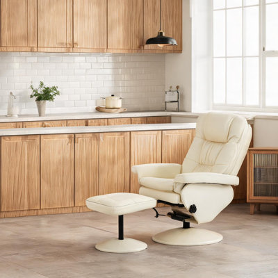 Fauteuil de bureau massant inclinable avec repose-pieds, revêtement en similicuir blanc classique, inclinaison à 135°, base pivotante