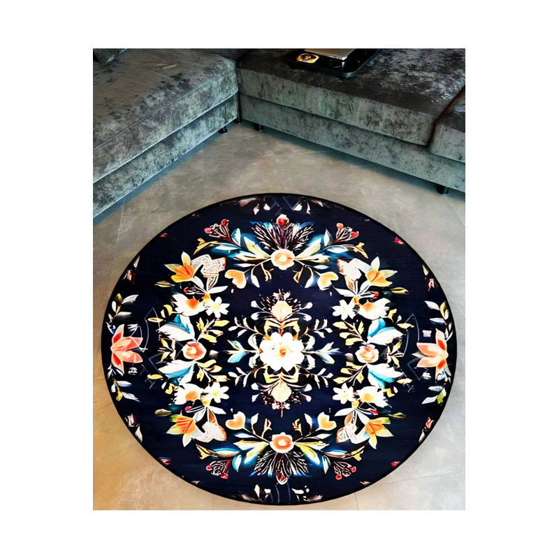 Black Multicolored Floral Detailed Woven Base Modern Decorative Carpet, Round 2'8"