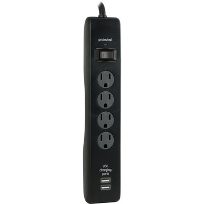 GE 3-ft 4-Outlet 2-USB-A Surge Protector, 800J, Black, 33654
