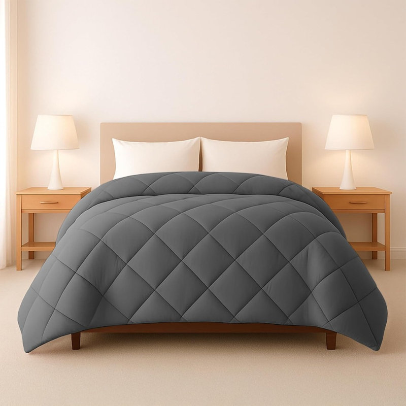 Comforter – Grey – Queen / Down Alternative / Lightweight, All-Season, Diamond Stitched With Double Piping