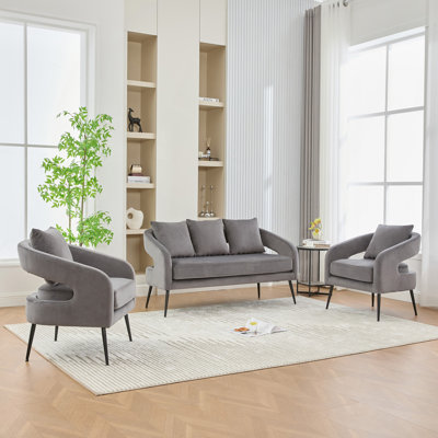 3-Piece Upholstered Velvet Small Living Room Furniture Set with Metal Legs, Open Back Conversation Set for Living Room/Bedroom/Balcony/Office/Reception/Apartment,Charcoal, Loveseat & 2 Accent Chair