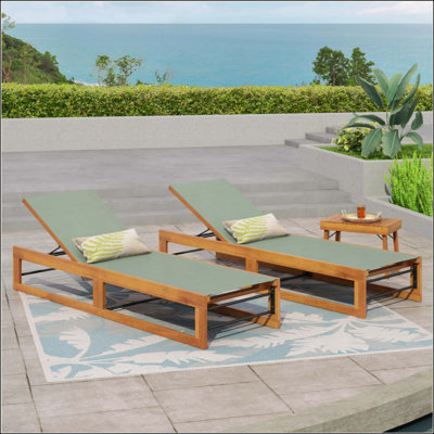 Elegant Acacia Wood Chaise Lounge Set With Mesh Seating For Outdoor Comfort And Durability,Set Of 2