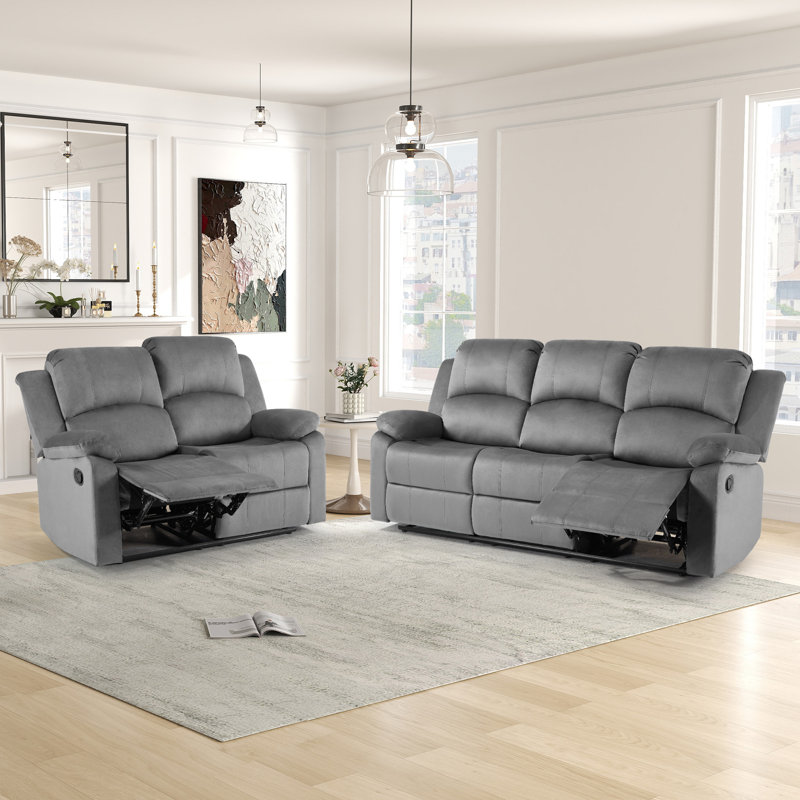 Llanos 2 Piece Modern Microfiber Manual Living Room Set with Overstuffed Loveseat & Sofa, Grey
