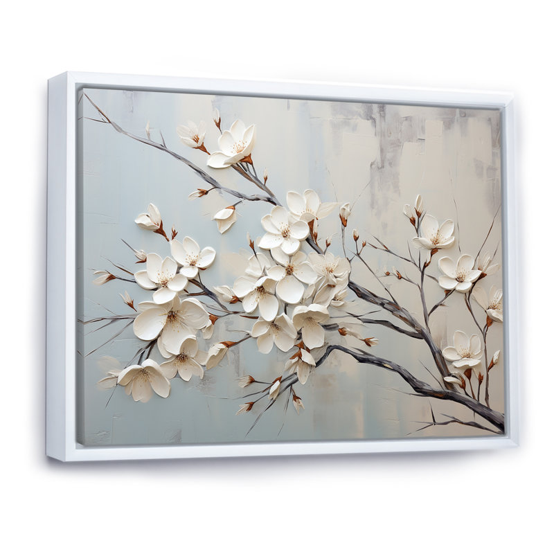 «White Dogwood Blossom Scenery III» - art mural cornouiller, Cadre flottant blanc, H 12 po x l 20 po x P 1 po