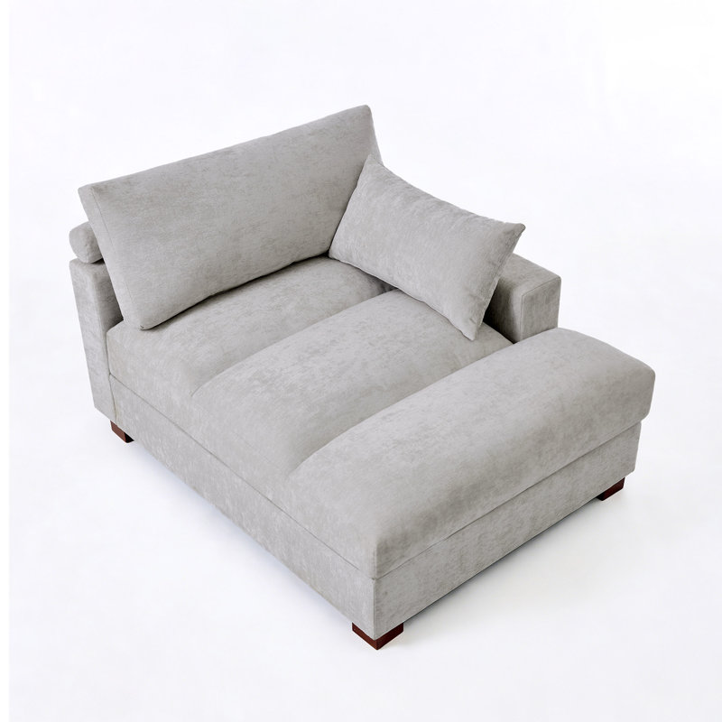 Oversized Upholstered Grey Chenille Chaise Lounge with Armrests & Throw Pillows, Grey