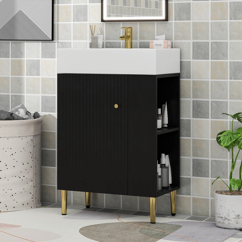 Meuble-lavabo vert 21,6 po avec lavabo en céramique et armoire de rangement à droite, Noir