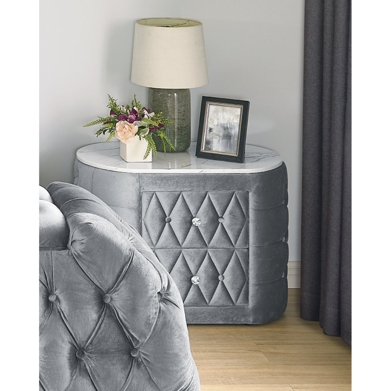 1Pc Oval Faux Marble Top Nightstand 2- Drawers Storage Button Tufted Faux Crystal Tufted, Gray