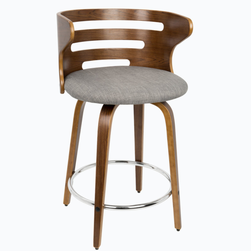 Mid-Century Modern Gray Swivel Counter Stool with Wood and Metal