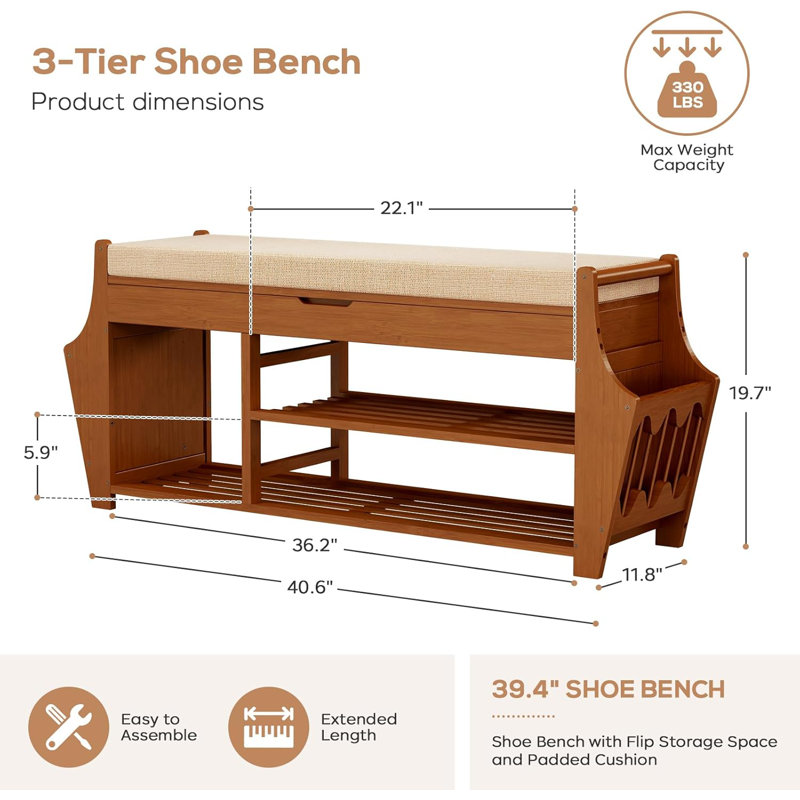 Banc de rangement pour chaussures 39,4 po avec 2 supports latéraux et 3 bancs d'entrée en bambou avec rangement
