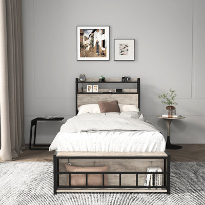 Structure de lit simple avec tête de lit à DEL et fonction de rangement, station de charge pour appareils, table solide, assemblage facile, profondeur 90,01 po, largeur 38,78 po