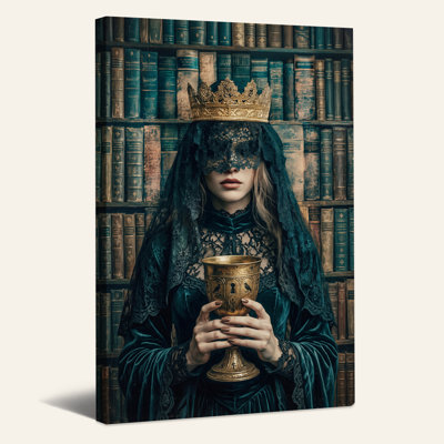 Dame en couronne dorée et voile de dentelle noire tenant une toile d'Halloween