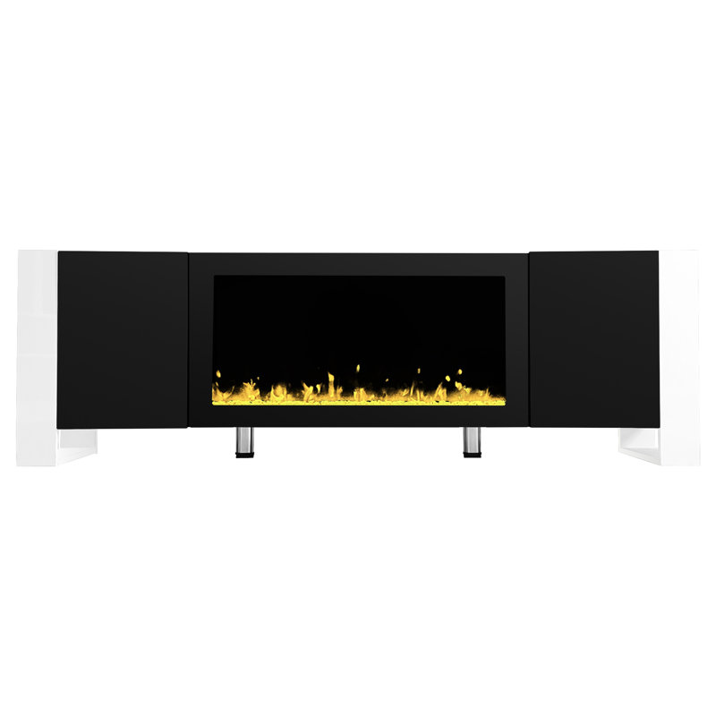 Foyer électronique de 87 cm (34,2 po) avec meuble télé intégré, noir, 2 armoires de rangement, design minimaliste élégant et sécuritaire avec foyer, rangement pour magazines, esthétique soignée.