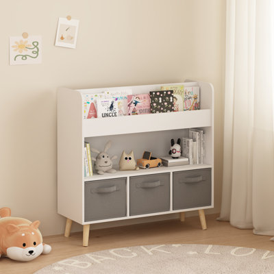 Bibliothèque pour enfants avec 3 bacs en tissu, bibliothèque pour enfants moderne avec rangement pour jouets et livres, tablette de rangement pour tout-petits pour salle de jeux, chambre à coucher ou chambre de bébé, blanc et gris
