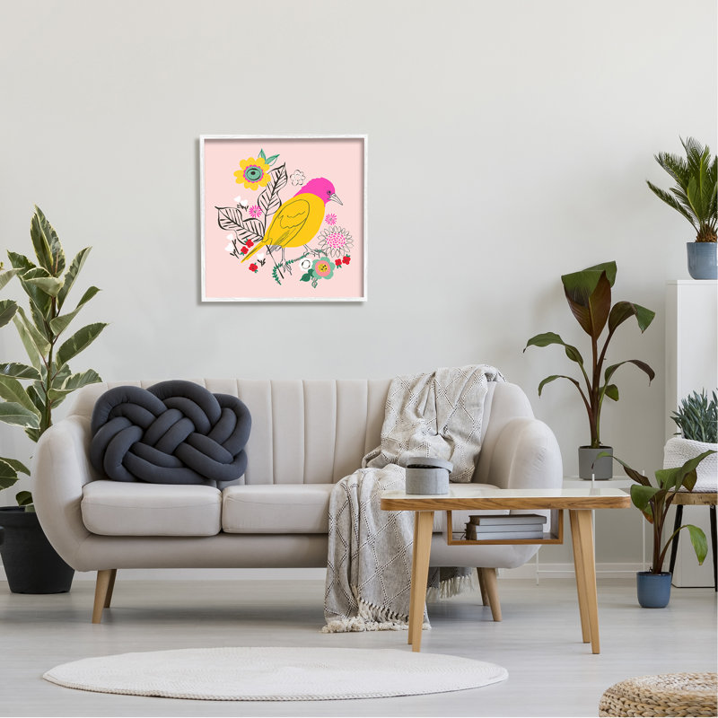 Oiseau floral rose et jaune - reproduction d'un seul cadre photo sur toile, H 24 po x l 24 po x P 1,5 po