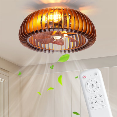 19.69 Inch Caged Flush Mount Ceiling Fan with Light, Farmhouse Walnut Wood Enclosed Fan Light Fixture with Remote, Reversible Blades E26 Base Low Profile Ceiling Fan for Bedroom Living Room
