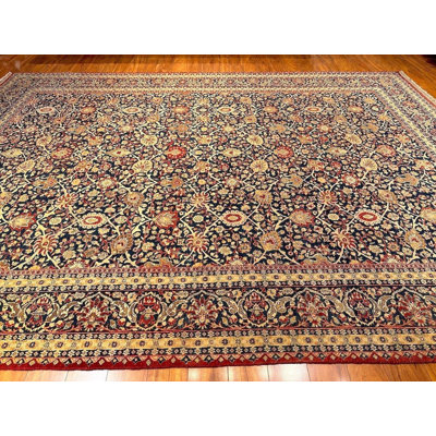 Hand Knotted Mahindra Rug 9x12, Navy Blue Floral Wool Area Rug, Traditional Handmade Indian Carpet, Luxury Classic Living Room Decor