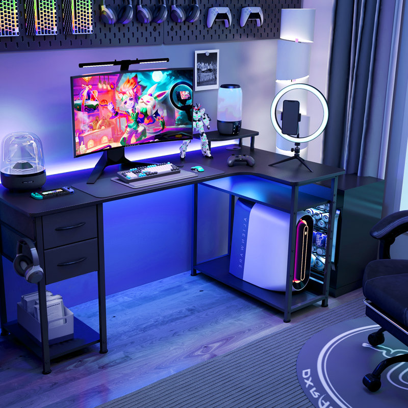 L-shape Gaming Desk, Carbon Fibre Computer Desk with Monitor Arm, Gaming Table for Home Office Desks, Easy To Assembly