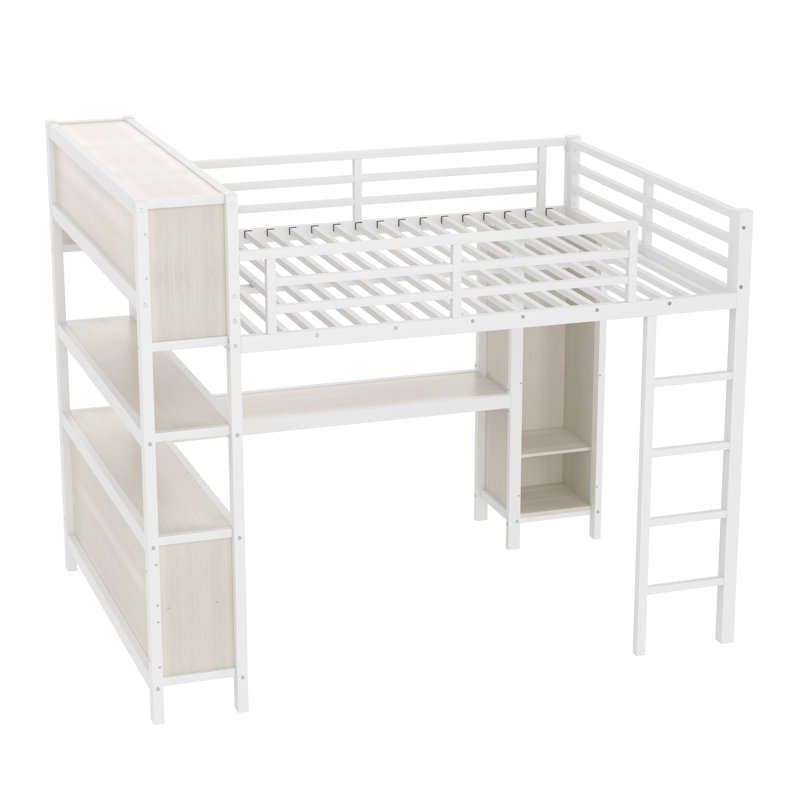 Grand lit mezzanine en métal avec bureau en L, garde-robe et tablettes, lit mezzanine haut avec rangement pour adolescents et adultes peu encombrant