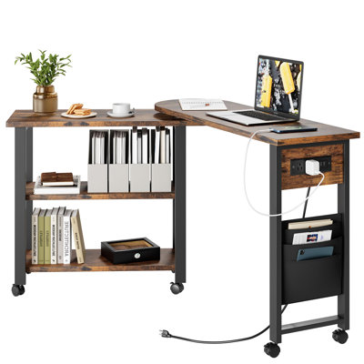 360° Rotating End Table with Charging Station, Swivel Wheels & Brakes, 3-Tier Sofa Side Table for Living Room
