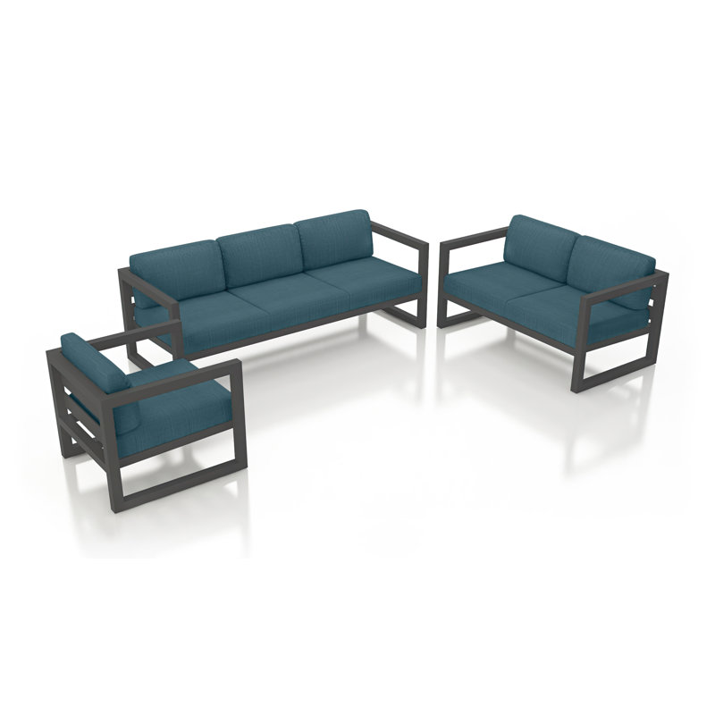 Avion 3 Piece Sofa Loveseat Set, Cast Lagoon Sunbrella® Plainweave, Slate