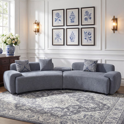 122" Grey Curved Sofa with 2pcs Damask Pattern Pillows,Modern Couch