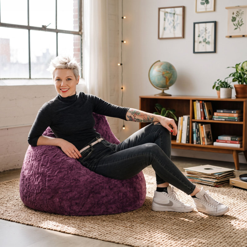 Fauteuil à billes et chaise longue Fluffy, Polyester fausse fourrure mauve