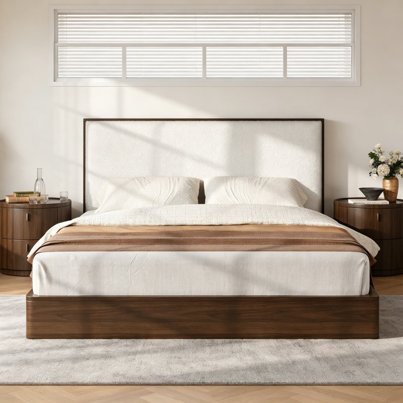 Structure de lit plateforme en bois massif avec tête de lit tapissier bouclée, sans sommier, noyer, Walnut, Queen