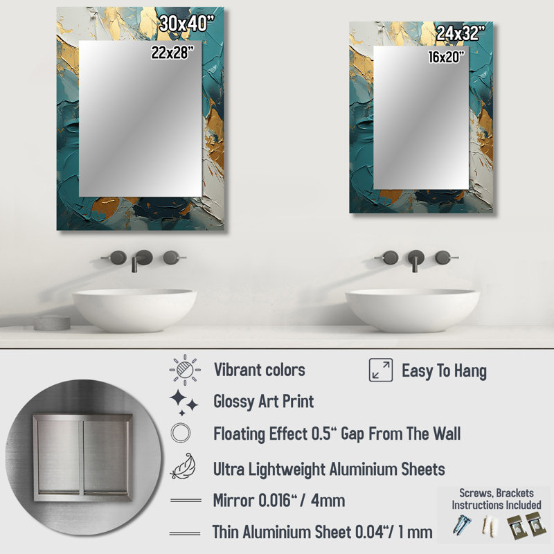 Serenity Sunset In Teal And White I - Abstract Shapes Unique Wall Mirror Decor, Modern Large Mirror, Printed Metal Art