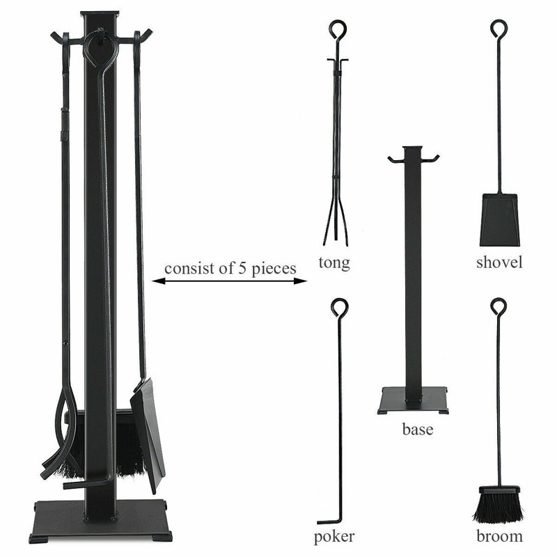Black Wrought Iron 5-Piece Fireplace Tool Set with Stand