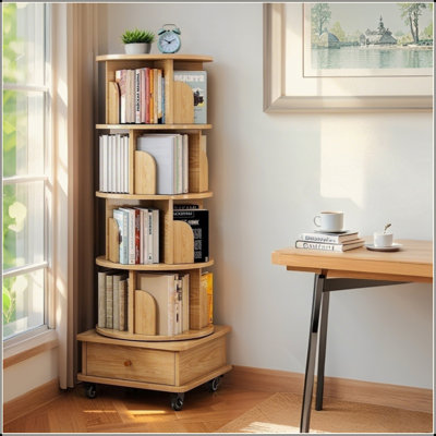 5 Tier Rotating Bookshelf, 360° Display Round Spinning Bookshelf With Wheels, Space-Saving, Small Space Rotating Bookshelf Tower For Bedroom, Living Room, Home, Office