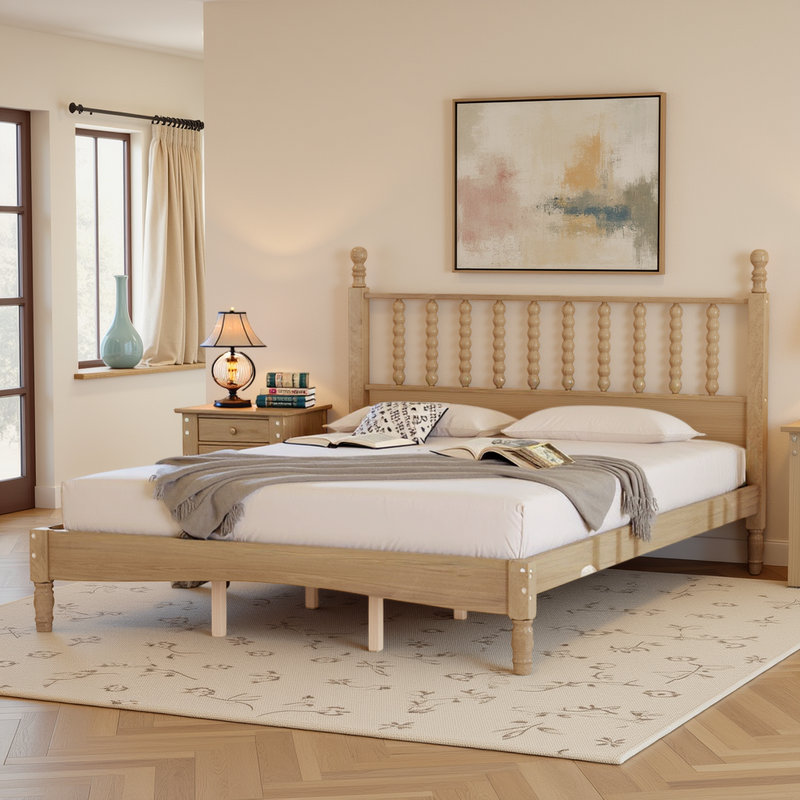 Lit plateforme rétro en bois naturel avec tête de lit gourde