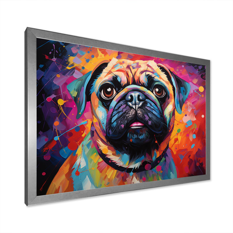 «Popart Pug Parade III», reproduction sur toile, Cadre de coin argenté fermé, H 34 po x l 44 po x P 1,5 po
