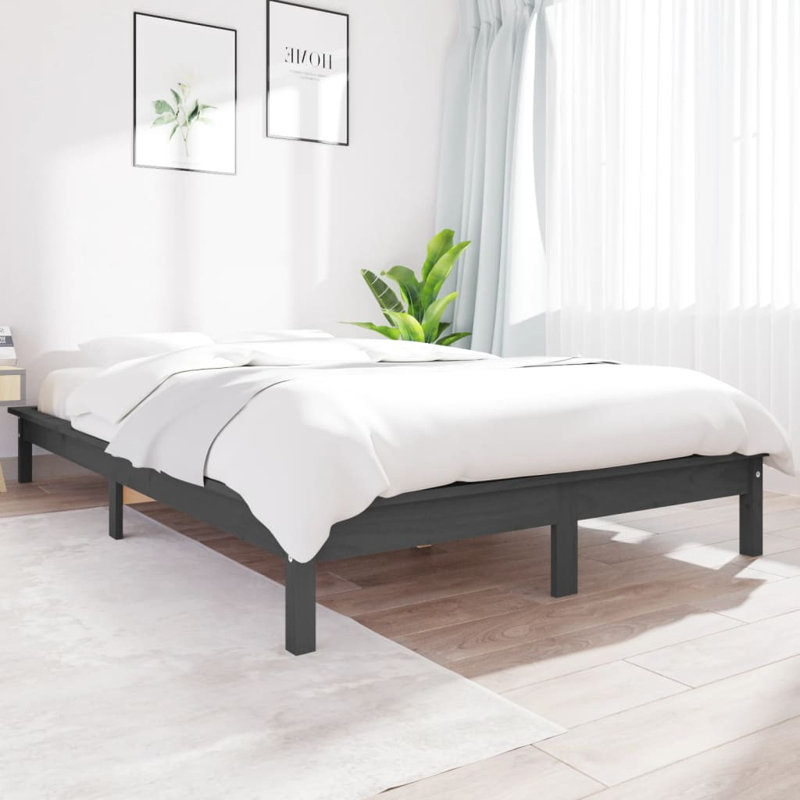 Bed Frame Solid Wood, grey, Kingsize (5')