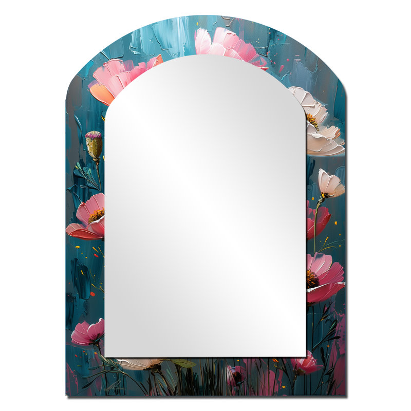 Pink White Vibrant Symphony Poppies II - Modern Arch Wall Mirror, 34" x 25"