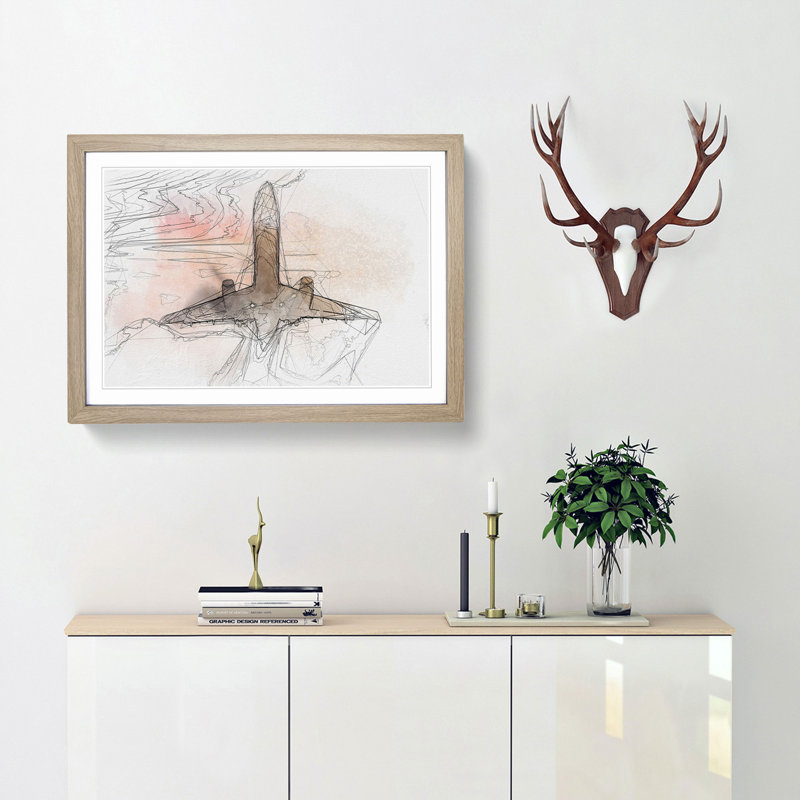 Airplane Lost in the Sky in Abstract - Picture Frame Graphic Art Print, Oak Framed, 36cm H x 48cm W x 2cm D