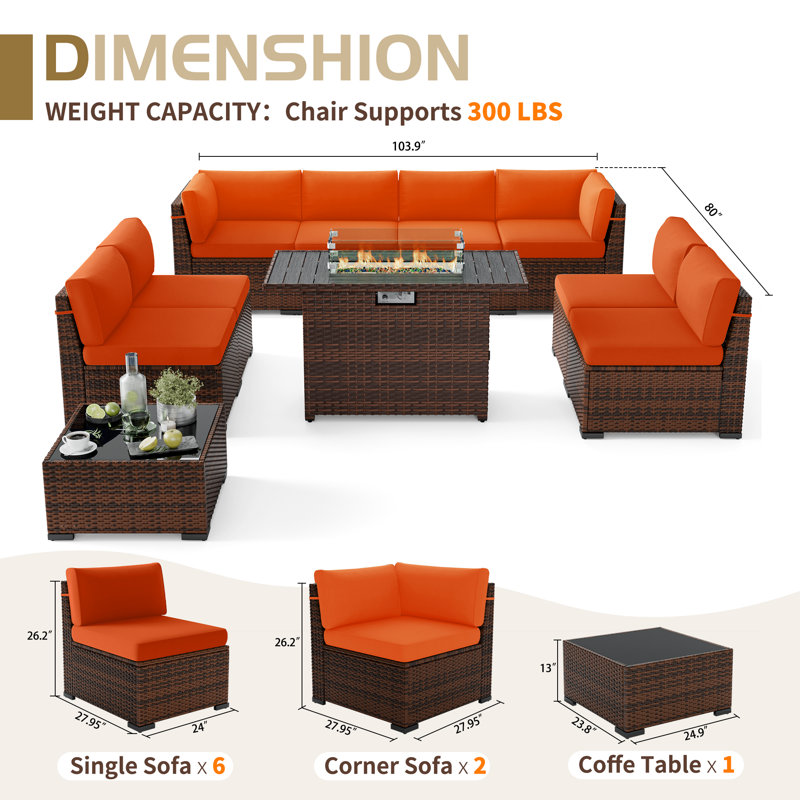 Ensemble de conversation modulaire en rotin pour 8 personnes avec coussins, Oui, Rouge