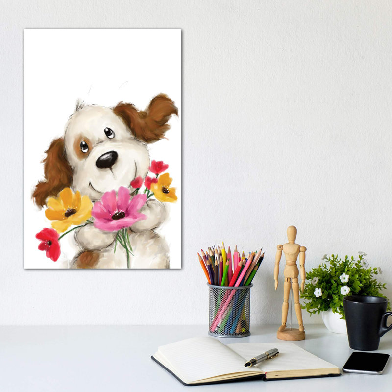 «Dog with Flowers II» par Makiko - reproduction d'art, Toile tendue, Pas de tapis, H 12 po x l 8 po x P 0,75 po