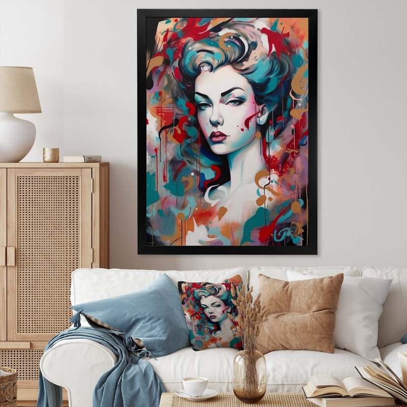 Portrait de femme pop art V - Peinture, Cadre photo noir, H 20 po x l 12 po x P 1 po