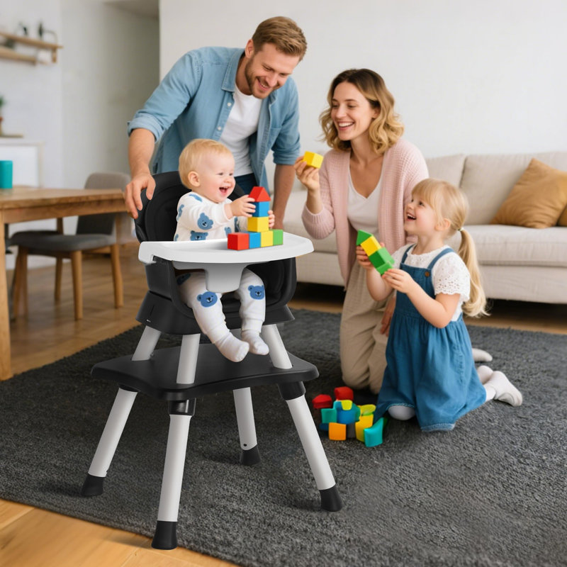 8 in 1 Baby High Chair, Coverts to Dining Booster Seat, Removable Tray & Double Seat Cover, Easy to Wipe, White, Black