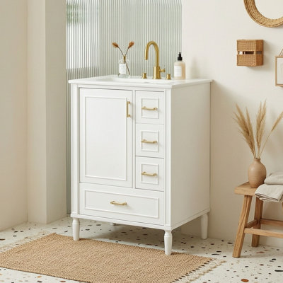 Meuble-lavabo autoportant peu encombrant avec lavabo en céramique, porte à fermeture en douceur et tiroirs de rangement