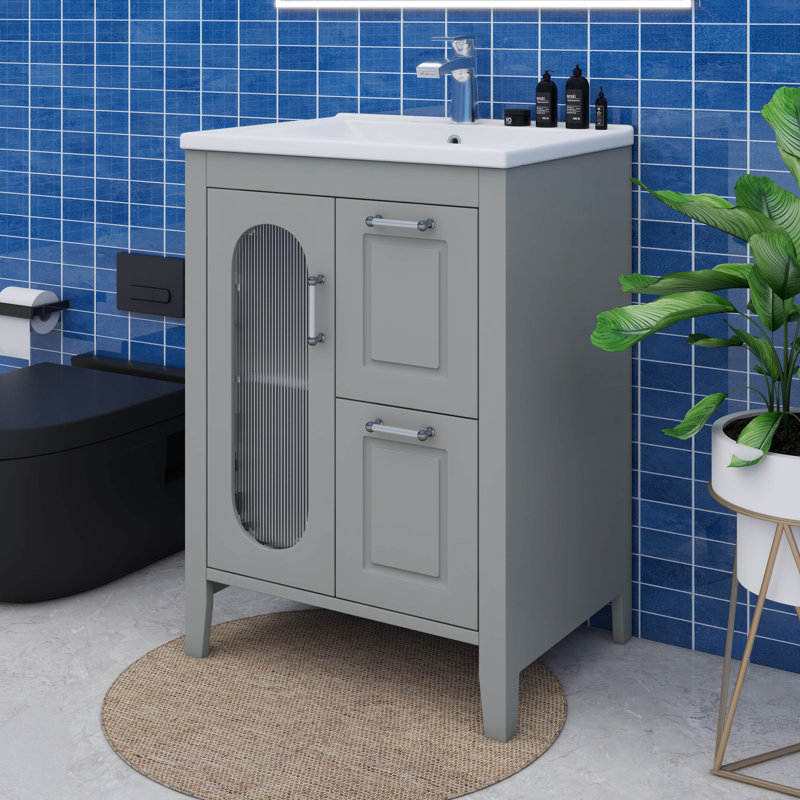Meuble-lavabo 24 po avec lavabo, armoire en bois massif avec porte en verre et 2 tiroirs, Gris